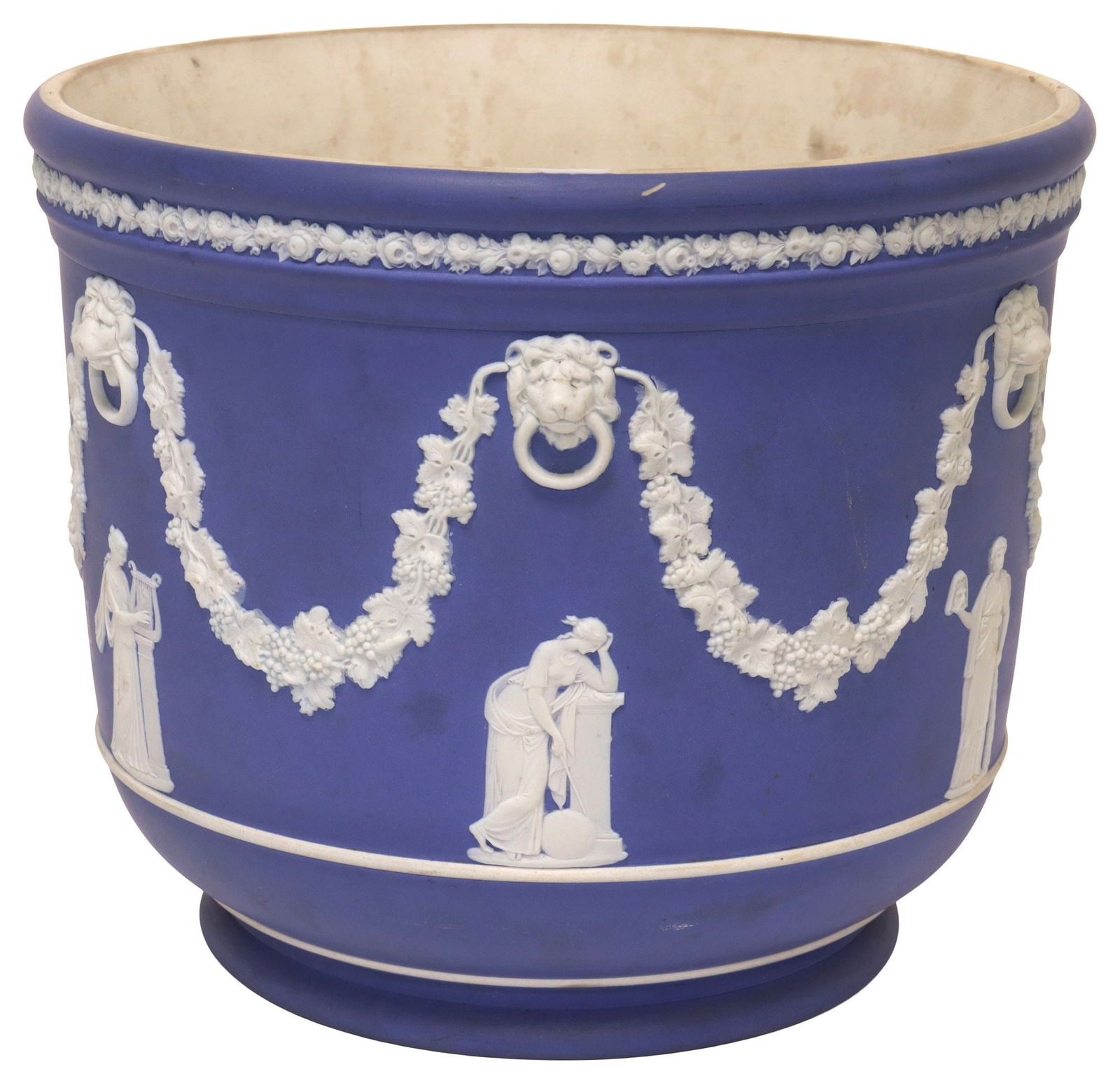 ENGLISH WEDGWOOD JASPERWARE PLANTER / JARDINIERE: English jasperware jardiniere/ planter, Wedgwood, with cream colored Classical figures in relief, on royal blue ground, decorated with foliate swags and lion mask motifs, impressed maker's mark underf