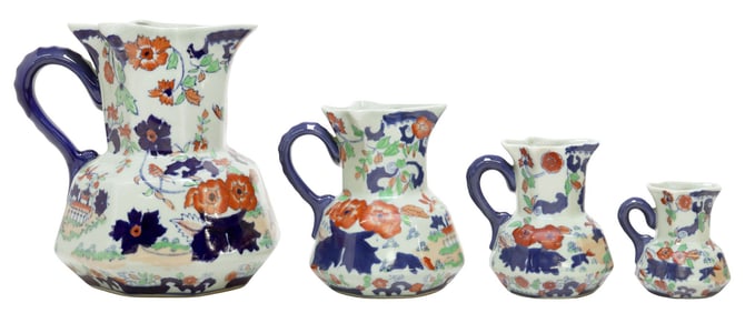 (4) DECORATIVE IRONSTONE TRANSFERWARE GRADUATED PITCHERS