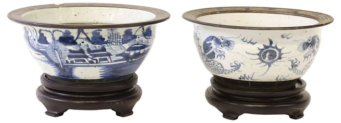 (2) CHINESE BLUE & WHITE PORCELAIN BOWLS ON WOOD STANDS
