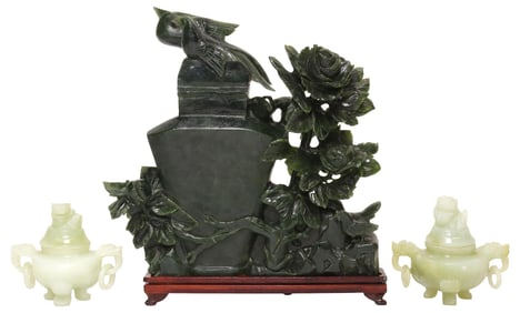 (3) CHINESE CARVED GREEN HARDSTONE VASE & INCENSE BURNERS