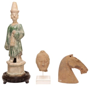 (3) CHINESE ANTIQUE-STYLE TERRACOTTA FIGURAL SCULPTURES & FRAGMENTS