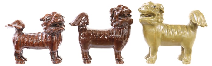 (3) CHINESE BROWN & OLIVE GLAZED PORCELAIN FOO LION FIGURES