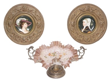 (3) CONTINENTAL REPOUSSE-FRAMED PORTRAIT PLATES & GLASS BRIDE'S BASKET
