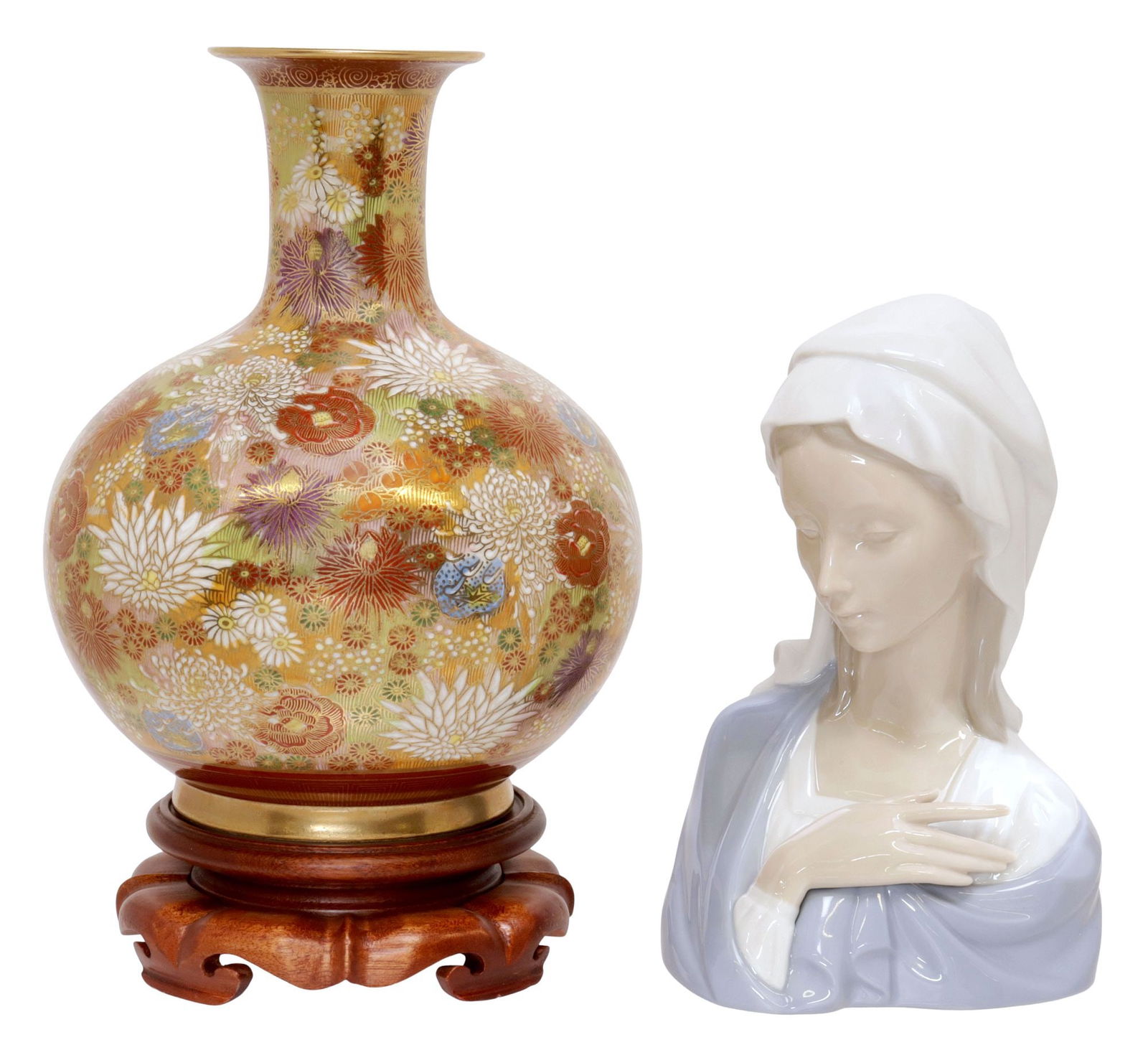 (2) JAPANESE SATSUMA POTTERY VASE & LLADRO MADONNA HEAD (1 of 6)