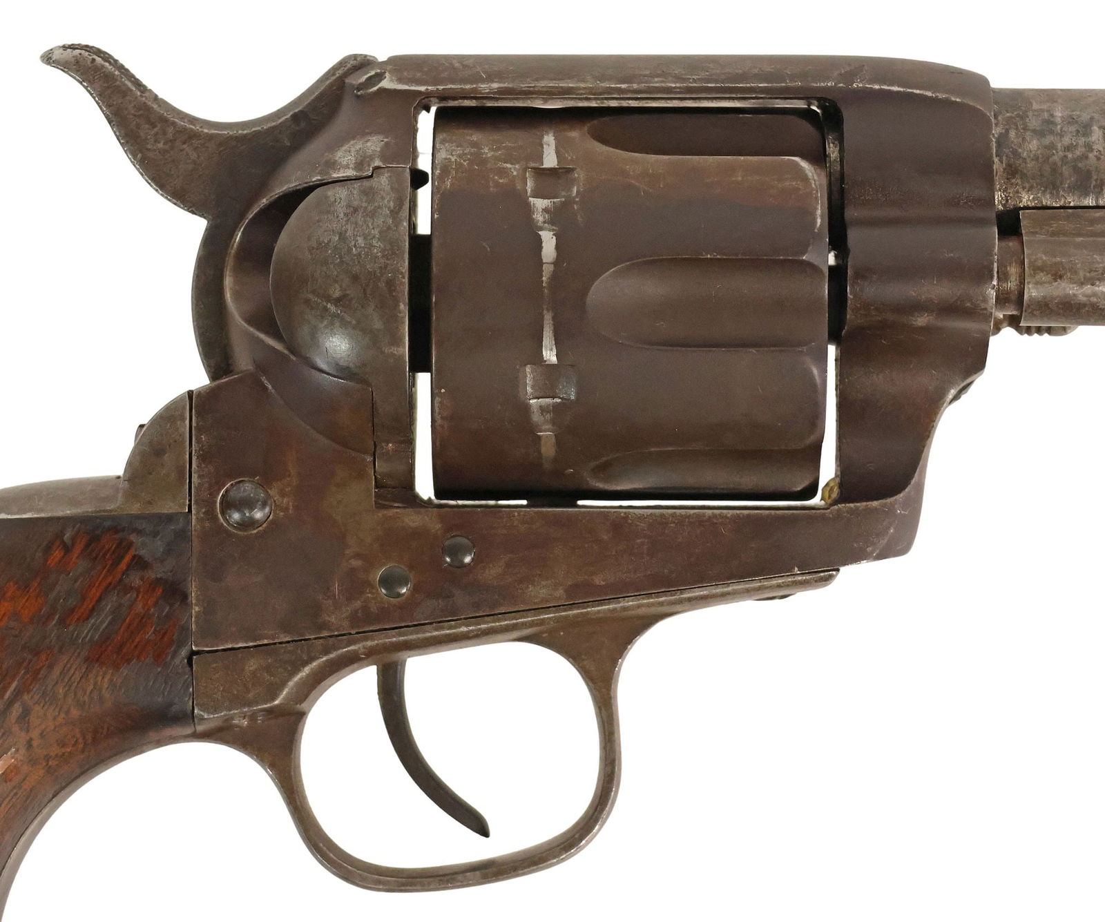 COLT SAA .45 REVOLVER, MFG. 1880: Cole Single Action Army Revolver, mfg. 1880, .45 caliber, the 4.75" barrel with blade front sight marked at the top on two lines "Colt's PT FA Mfg. Co, Hartford Ct. U.S.A.", marked at barrel left ".45