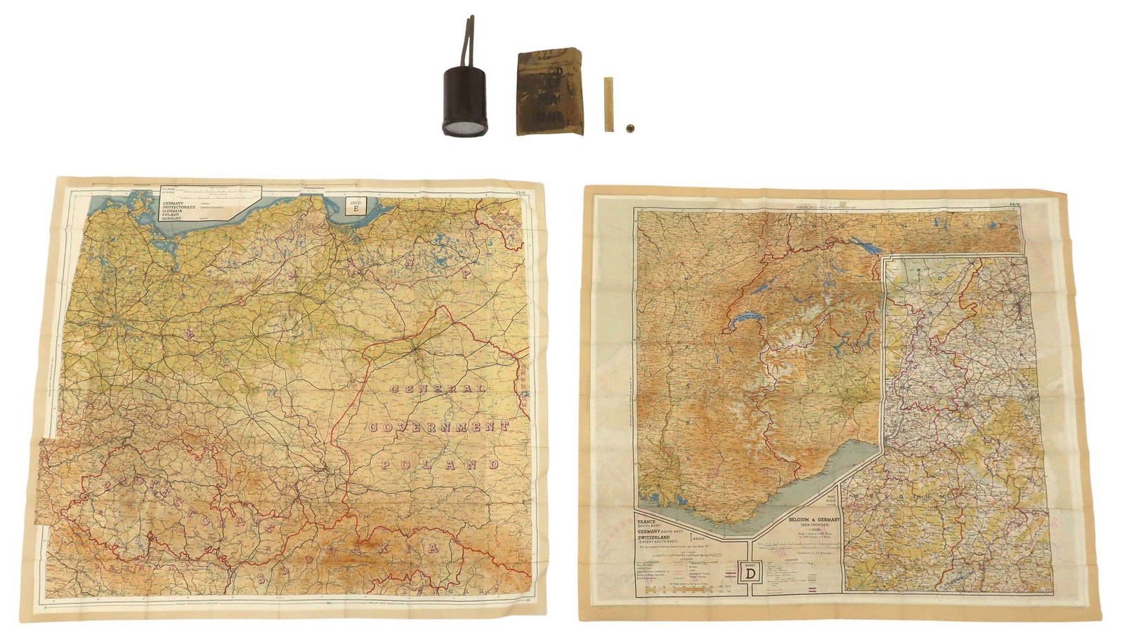 (2) WWII ESCAPE MAPS, COMPASS, HACKSAE & GERMAN FLIGHT GAUGE (1 of 11)