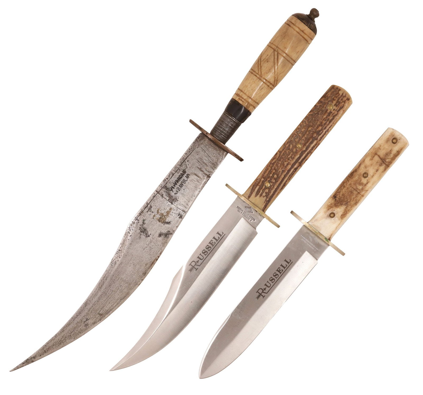 (3) J. RUSSELL KNIVES & VINTAGE GAUCHO KNIFE: (lot of 3) South American Knives: (1) Bowie knife having a 6" upswept blade marked at the left below the spine "Russell" with an arrow, the left ricasso marked J. Russel & Co., Gree