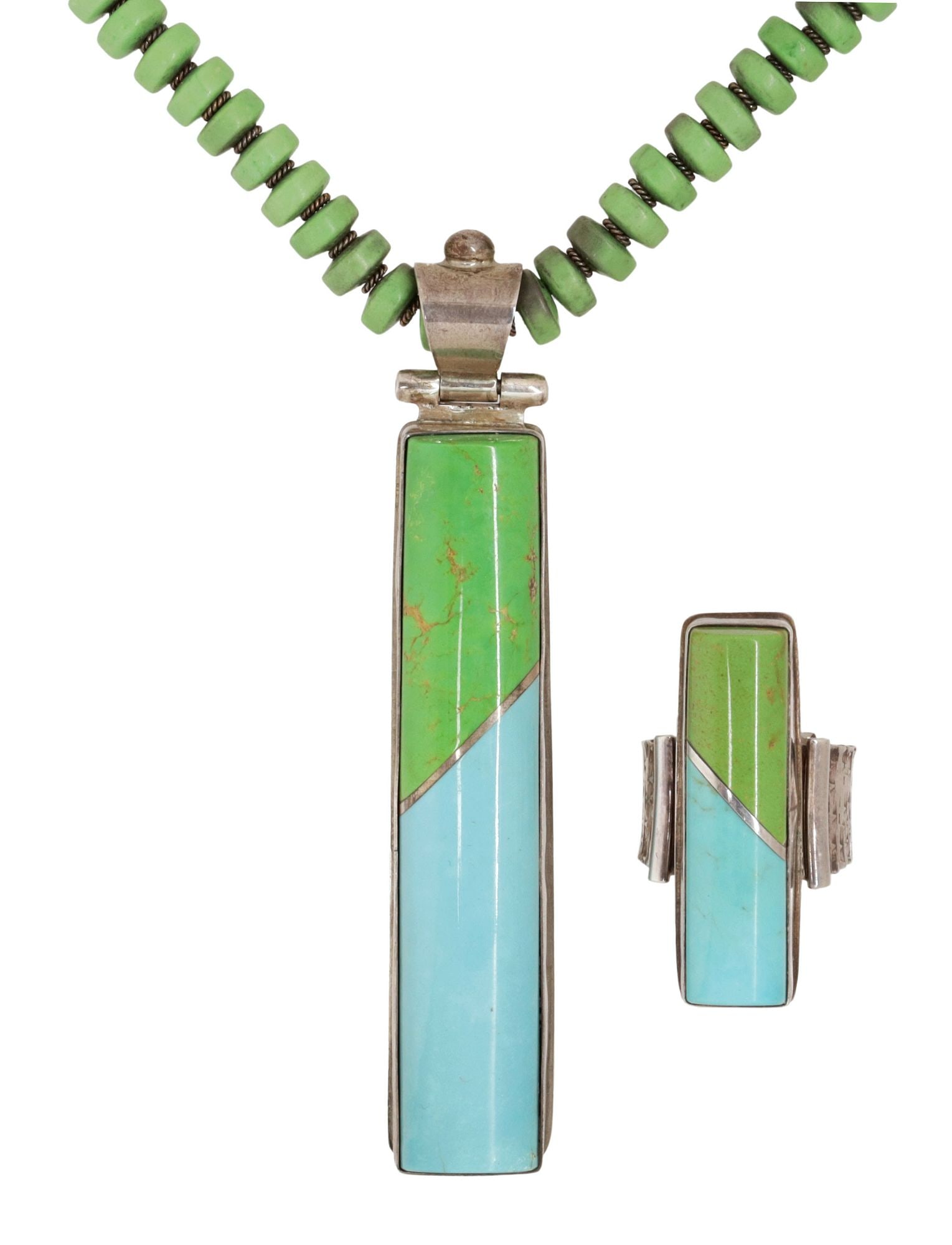 (2) DAVID TROUTMAN NAVAJO SILVER, GASPEITE & TURQUOISE NECKLACE & RING (1 of 8)