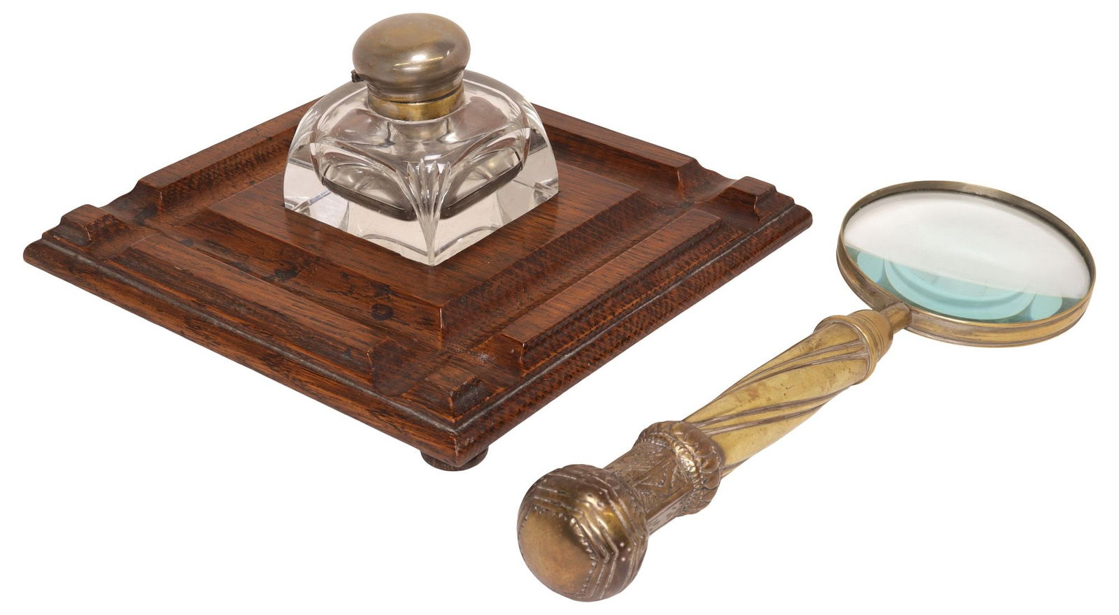 (2) ENGLISH DESK ARTICLES, OAK DESK STAND & BRASS MAGNIFYING GLASS (1 of 4)