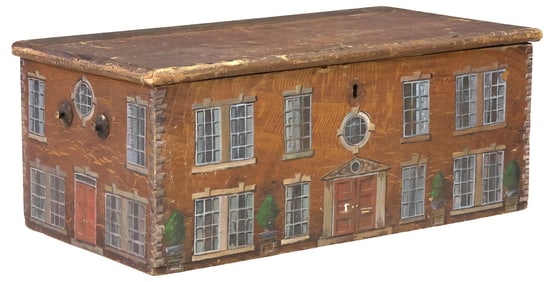 LARGE ENGLISH PAINT-DECORATED OAK HOUSE FACADE WORK BOX