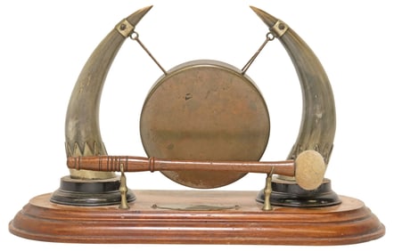 ENGLISH EDWARDIAN WALNUT & HORN TABLE GONG