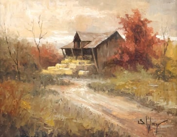 SIMON WINEGAR (B.1979) LANDSCAPE PAINTING 'HAYBARN'