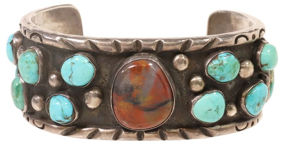 HEAVY NATIVE AMERICAN SILVER, TURQUOISE & AGATE CUFF BRACELET