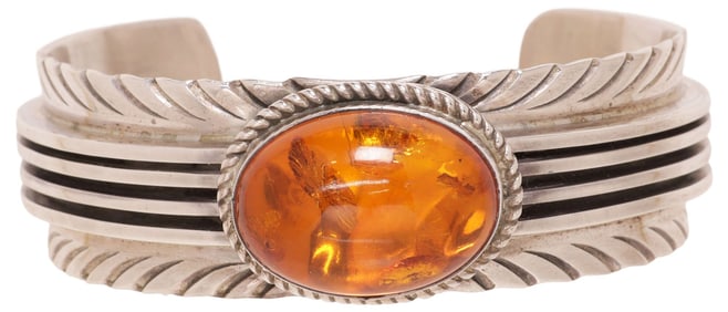 NORBERT JOHNSON NAVAJO STERLING SILVER & AMBER CUFF BRACELET