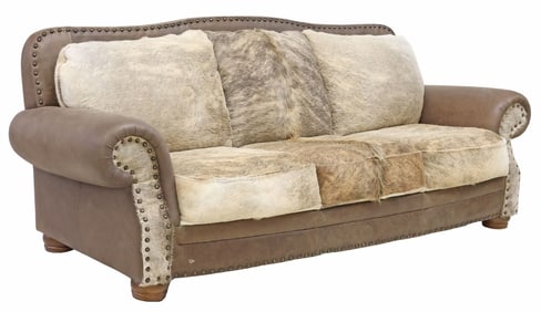 CONTEMPORARY WESTERN STYLE COWHIDE & LEATHER SOFA