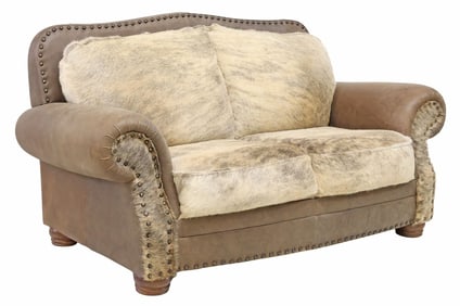 CONTEMPORARY WESTERN STYLE LEATHER & COWHIDE LOVESEAT