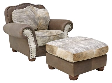 (2) CONTEMPORARY WESTERN STYLE LEATHER & COWHIDE ARMCHAIR & OTTOMAN