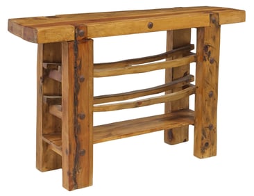 RUSTIC SLAB-TOP PINE CRAFTSMAN'S WORKBENCH CONSOLE TABLE