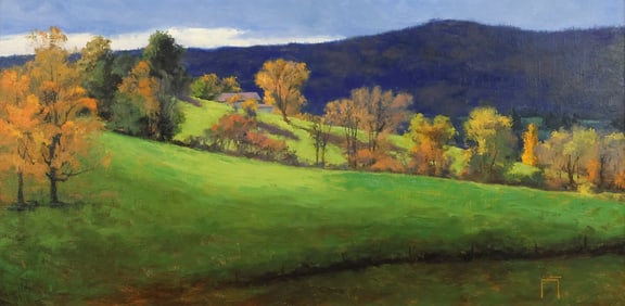 JERRY RICKETSON (B.1957) EARLY AUTUMN LANDSCAPE PAINTING, 20" X 40"