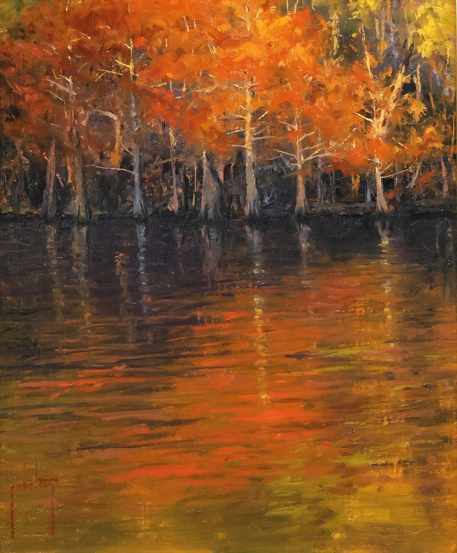 JERRY RICKETSON (B.1957) LAKESIDE AUTUMNAL LANDSCAPE PAINTING: Framed oil on canvas painting, "Autumn Cypress," signed lower left Ricketson (Jerry Ricketson, American, active in Texas and Oklahoma, b.1957), titled and dated 2008 with additional artist signature v
