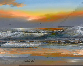 LARRY PRELLOP (TEXAS, B.1949) PAINTING, SUNSET SEASCAPE, 16" X 20"