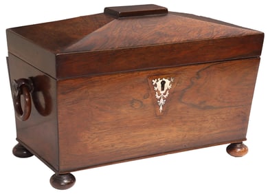 ENGLISH REGENCY SARCOPHAGUS-FORM INLAID ROSEWOOD TEA CADDY