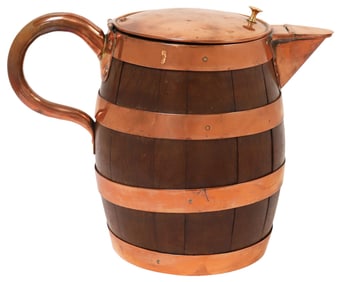 ENGLISH COPPER-BOUND OAK BARREL-FORM PITCHER / JUG