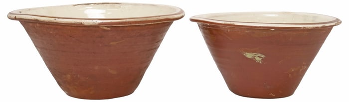 (2) ENGLISH TERRACOTTA WHITE SLIP GLAZE DAIRY BOWLS/ PANCHEONS