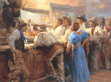 ANDY THOMAS (B.1957) SIGNED GICLEE PRINT, 'CHARLIE RUSSELL & CHARACTERS'