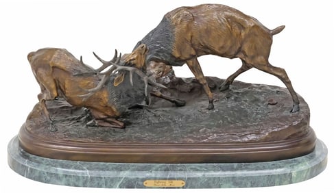 AFTER P.J. MENE WESTERN PATINATED BRONZE SCULPTURE, 'FIGHTING ELK'