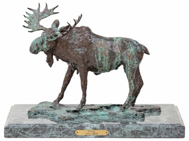 VERDIGRIS BRONZE SCULPTURE OF A MOOSE ON MARBLE BASE
