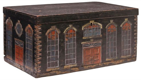 ENGLISH HOUSE FACADE PAINT-DECORATED WORK BOX