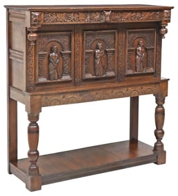 JACOBEAN STYLE CARVED OAK CREDENCE CUPBOARD