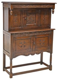 ENGLISH JACOBEAN STYLE CARVED OAK COURT CUPBOARD / CABINET