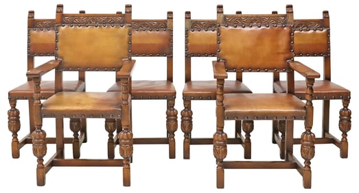(6) ENGLISH JACOBEAN STYLE OAK SIDE & ARMCHAIRS