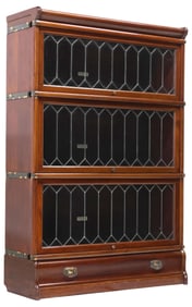 GLOBE-WERNICKE MAHOGANY & LEADED GLASS THREE SECTION STACKING BOOKCASE