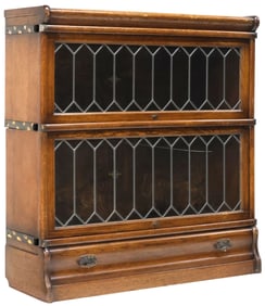 GLOBE-WERNICKE OAK & LEADED GLASS TWO SECTION STACKING BOOKCASE