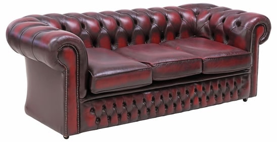ENGLISH CHESTERFIELD STYLE TUFTED OXBLOOD LEATHER SOFA