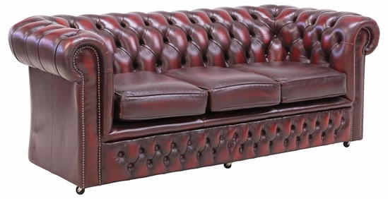 ENGLISH CHESTERFIELD STYLE TUFTED OXBLOOD LEATHER SOFA