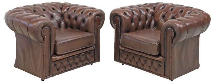 (2) ENGLISH BROWN BUTTONED-LEATHER CHESTERFIELD CLUB CHAIRS