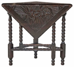 ENGLISH CARVED OAK DROP LEAF HANDKERCHIEF TABLE