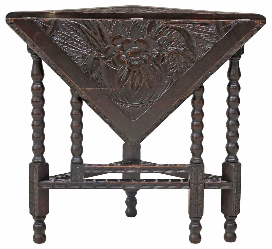 ENGLISH CARVED OAK DROP LEAF HANDKERCHIEF TABLE (1 of 7)