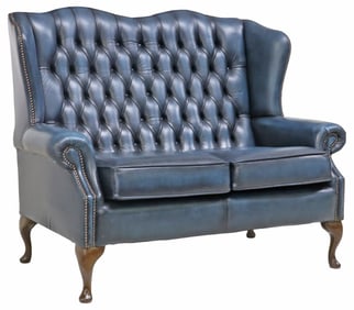 ENGLISH QUEEN ANNE STYLE TUFTED BLUE LEATHER WINGBACK SOFA