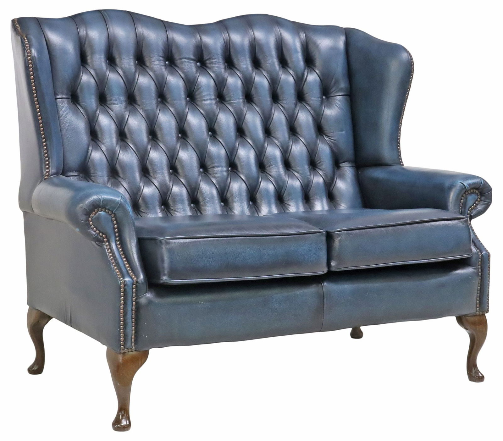 ENGLISH QUEEN ANNE STYLE TUFTED BLUE LEATHER WINGBACK SOFA (1 of 4)