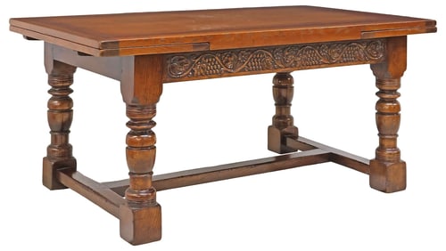 ENGLISH CARVED OAK DRAW-LEAF EXTENSION DINING TABLE, 102"L