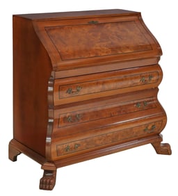 DUTCH STYLE BURLED WALNUT SLANT-FRONT BOMBE DESK / BUREAU