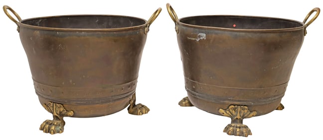 (2) ENGLISH BRASS JARDINIERES / PLANTERS ON PAW FEET