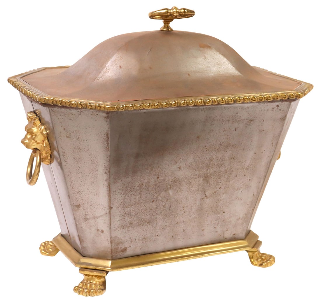 ENGLISH BRASS & IRON OCTAGONAL LIDDED COAL BIN (1 of 6)
