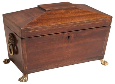 ENGLISH REGENCY MAHOGANY SARCOPHAGUS-FORM TEA CADDY