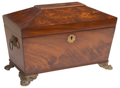 ENGLISH REGENCY BRASS-INLAID MAHOGANY TEA CADDY